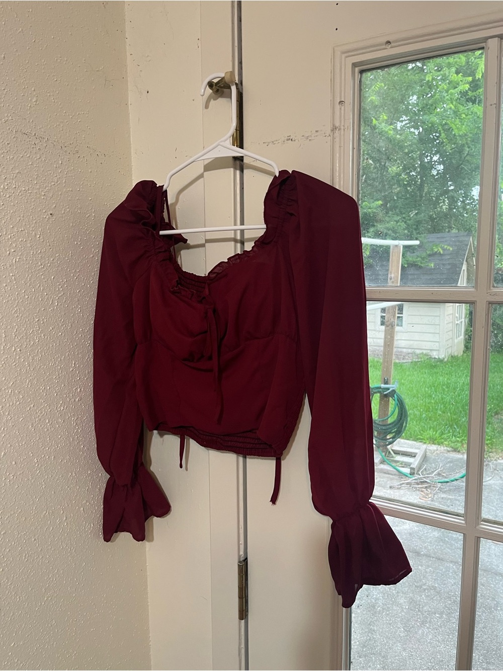 Wine Long-Sleeve Peasant Blouse with Ruffle Cuffs